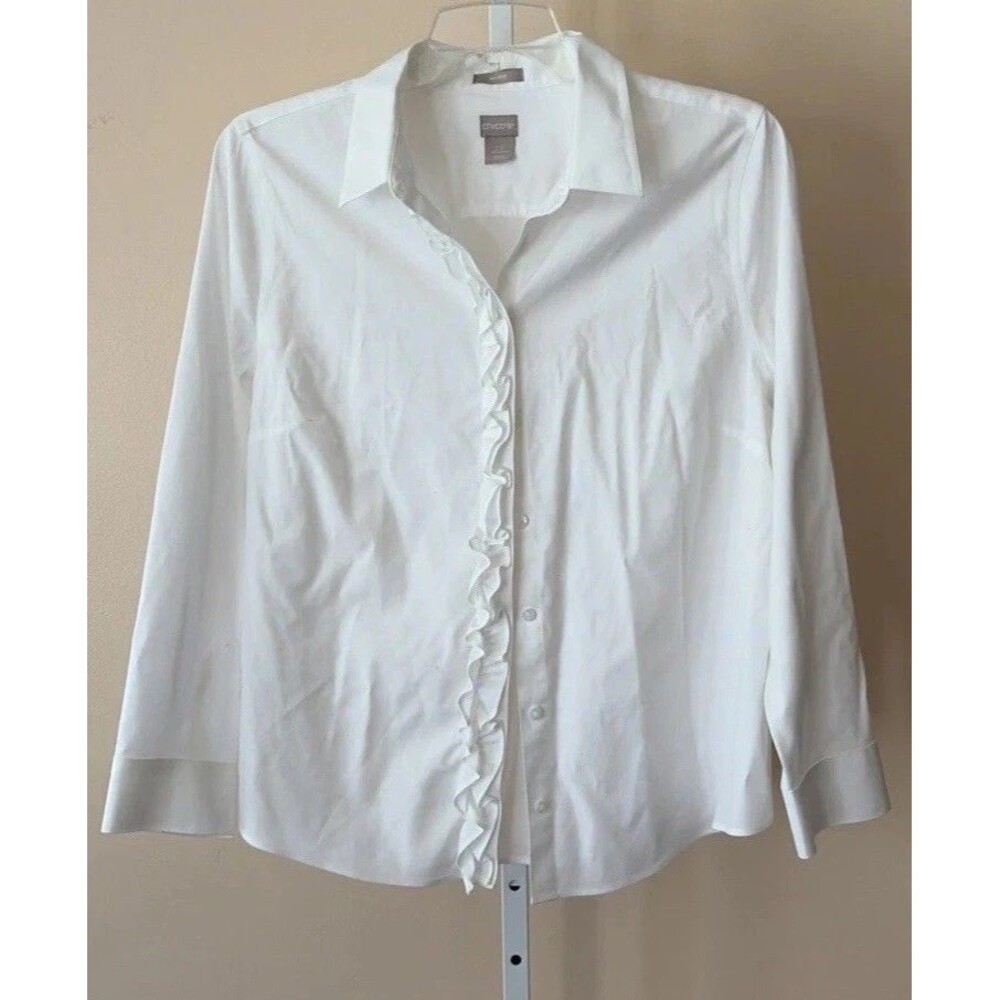 Chico's Design White No Iron Blouse Shirt Top Women Sz.14 Fitted Ruffle Classic